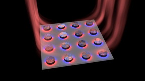 The researchers at Aalto University have made an array of nanoparticles combined with dye molecules to act as a tiny laser. The lasing occurs in a dark mode and the laser light leaks out from the edges of array.
CREDIT
Antti Paraoanu