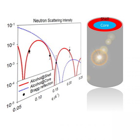 Left: The experimental result (neutron Bragg reflection) in perfect agreement with theoretical predictions (red line) that demonstrated the core-shell structure formed by a binary fluid within a nanocapillary. Right: A sketch of the core-shell structure.
CREDIT
Morineau