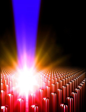 Representation of the creation of ultra-high energy density matter by an intense laser pulse irradiation of an array of aligned nanowires.
CREDIT
R. Hollinger and A. Beardall
