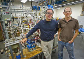 Dean Toste, left, of Berkeley Lab and UC Berkeley, and Elad Gross, right, of the Hebrew University of Jerusalem, led a study of site-specific chemical reactivity on tiny platinum and gold particles at Berkeley Lab's Advanced Light Source.
CREDIT
Roy Kaltschmidt/Berkeley Lab