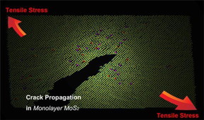 Schematic representation of the crack propagation in 2-D MoS2 at the atomic level. Dislocations shown with red and purple dots are visible at the crack tip zone. Internal tensile stresses are represented by red arrows.
CREDIT
IBS