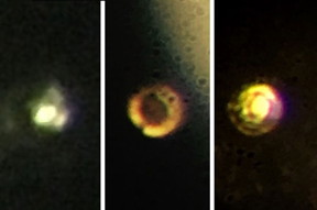 Microscopic images of the stages in the creation of atomic molecular hydrogen: Transparent molecular hydrogen (left) at about 200 GPa, which is converted into black molecular hydrogen, and finally reflective atomic metallic hydrogen at 495 GPa. Courtesy of Isaac Silvera