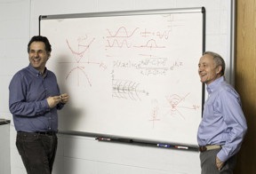 At left, Miguel Alonso, professor of optics, and Kevin Parker, the William F. May Professor of Engineering, with the 'analytically beautiful mathematical solution' Alonso devised for the new beam pattern they describe in a recent paper in Optics Express.
CREDIT
Photo by J. Adam Fenster/University of Rochester