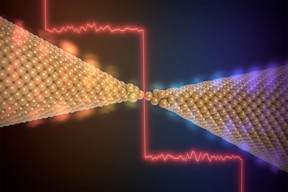 This is an arists' view of the quantized thermal conductance of an atomically thin gold contact.
CREDIT
Created by Enrique Sahagun