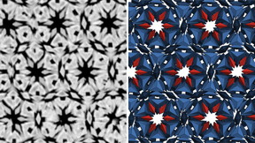 The most complex crystal designed and built from nanoparticles. Left: An electron microscope image of a slice of the structure (Northwestern University). Right: A matching slice from a simulation of the structure (University of Michigan).