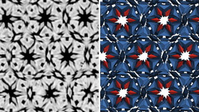 The most complex crystal designed and built from nanoparticles. Left: An electron microscope image of a slice of the structure (Northwestern University). Right: A matching slice from a simulation of the structure (University of Michigan).