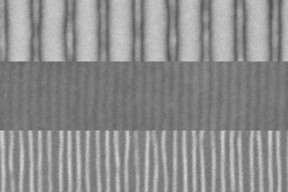 These scanning electron microscope images show the sequence of fabrication of fine lines by the team's new method. First, an array of lines is produced by a conventional electron beam process (top). The addition of a block copolymer material and a topcoat result in a quadrupling of the number of lines (center). Then the topcoat is etched away, leaving the new pattern of fine lines exposed (bottom).

Courtesy of the researchers