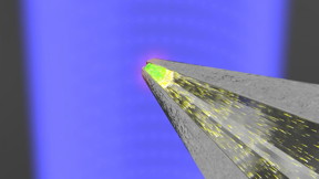 The illustration shows an optical antenna coupled to a cluster of scintillators at its end. The blue waves in the background represent the X-rays, the intense and bright green sphere corresponds to the scintillation cluster and the sparks within the antenna body symbolize the X-ray-excited photon emission from the scintillators being strongly directed toward a narrow single mode optical fiber.
CREDIT
Miguel Angel Suarez, FEMTO-ST Institute