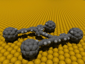 An early nanocar with buckyball wheels was created by the lab of Rice University chemist James Tour. A late model will compete in the first Nanocar Race in France April 28. (Credit: Tour Group/Rice University)