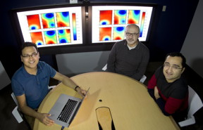 Sandia National Laboratories researchers Prashant Rai, left, Habib Najm, center, and Khachik Sargsyan discuss mathematical techniques used to study the behavior of large molecules at quantum scale.
CREDIT
Dino Vournas