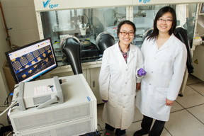 Postdoctoral researcher Fengjiao Zhang and professor Ying Diao developed devices for sensing disease markers in breath.

Photo by L. Brian Stauffer