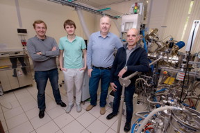 (From left) Dmitry Kuzmichev, Konstantin Egorov, Andrey Markeev, and Yury Lebedinskiy posing next to the atomic layer deposition apparatus at the Center of Shared Research Facilities, MIPT
CREDIT
MIPT's Press Office