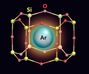 An artistic rendering of an argon (Ar) atom trapped in a nanocage that has a silicon (Si)-oxygen (O) framework.