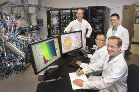 Brookhaven Lab scientists (from left) Ivan Bozovic, Xi He, Jie Wu, and Anthony Bollinger with the atomic layer-by-layer molecular beam epitaxy system used to synthesize the superconducting cuprate samples.
CREDIT
Brookhaven National Laboratory