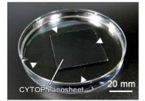 Figure 1. [Fig. 1B of the paper]

A 133-nm thick CYTOP nanosheet, floating on water, used for wrapping biological tissue for improved microscopy imaging.