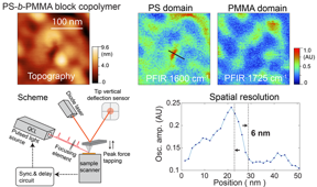 The lower portion of this image by Xiaoji Xus group shows the operational scheme of peak force infrared (PFIR) microscopy. The upper portion shows the topography of nanoscale PS-b-PMMA polymer islands on a gold substrate. (Image courtesy of Xiaoji Xu)
