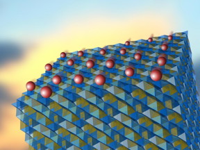 Lithium amide-borohydride is a promising candidate for a solid electrolyte. The crystalline structure of this material consists of two sub-lattices, shown in different colors. Under appropriate conditions, lithium ions (red), normally found in the elementary cells of only one sub-lattice (yellow), move to the empty cells of the second sub-lattice (blue) where they can freely propagate. (Source: IFJ PAN)

