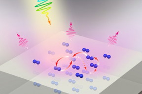 In this image, light strikes a molecular lattice deposited on a metal substrate. The molecules can quickly exchange energy with the metal below, a mechanism that leads to a much faster response time for the emission of fluorescent light from the lattice.

Courtesy of the researchers