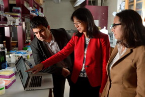 Johns Hopkins engineering faculty members, from left, David Gracias, Thao (Vicky) Nguyen and Rebecca Schulman, teamed up with their students and used DNA sequences to trigger significant shape-changing in a hydrogel sample.
CREDIT
Will Kirk/Johns Hopkins University