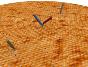 A new microscopy method developed by an ORNL-led team has four movable probing tips, is sensitive to the spin of moving electrons and produces high-resolution results. Using this approach, they observed the spin behavior of electrons on the surface of a quantum material.
CREDIT
Saban Hus and An-Ping Li/Oak Ridge National Laboratory, U.S. Dept. of Energy