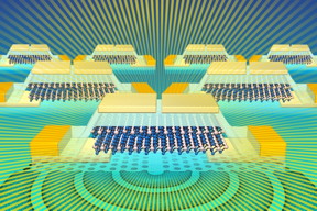 Researchers have designed a light-emitter and detector that can be integrated into silicon CMOS chips. This illustration shows a molybdenum ditelluride light source for silicon photonics.

Image: Sampson Wilcox