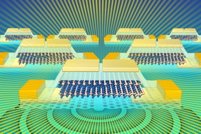 Researchers have designed a light-emitter and detector that can be integrated into silicon CMOS chips. This illustration shows a molybdenum ditelluride light source for silicon photonics.

Image: Sampson Wilcox