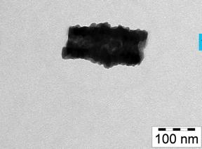 icture of a hybrid particle taken by a transmission electron microscope. Pictured are the inorganic (dark) and organic (light) lamellas that the particle is made of, as well as the tubular shapes (the low-contrast area in the middle). Through vaporisation with Europium, the hybrid stage can be transformed into pure EuO. 
Copyright: University of Konstanz