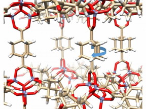 In the crystal developed by UCLA researchers, a metallo-organic framework (top and bottom layers of molecules) surrounds central sphere-like shapes, which can rotate at up to 50 billion rotations per second.
CREDIT
Kendall Houk Laboratory/UCLA