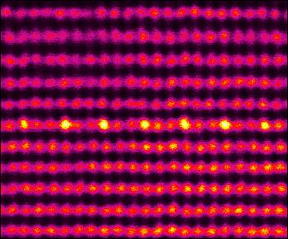This is a scanning transmission electron microscopy image of the atomic ordering in (In, Ga)N monolayer: single atomic column, containing only indium (In) atoms (shown by higher intensity on the image), followed by two, containing only gallium (Ga) atoms.

CREDIT
IKZ Berlin