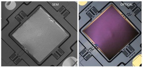 Metasurface-based flat lens integrated onto a MEMS scanner: Scanning electron micrograph (left) and optical microscope image (right) of a lens-on-MEMS device. Integration of MEMS devices with metalenses will help to create a new paradigm to manipulate light by combining the strength of these technologies: high-speed dynamic control with precise spatial manipulation of wave-fronts.
CREDIT
Center for Nanoscale Materials, Argonne National Lab
