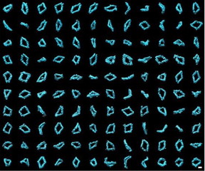 A collection of 120 3-D images of Bennett linkages. The images were created using individual-particle electron tomography (IPET), a technique developed at Berkeley Lab.
CREDIT
Lawrence Berkeley National Laboratory
