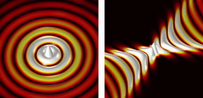 This is an illustration of waves propagating away from a point-like source. Left: Regular wave propagation. Right: Wave propagation on a hyperbolic metasurface.
CREDIT
P. Li, CIC nanoGUNE