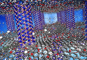 Thousands of hours of calculations on Rice University's two fastest supercomputers found that the optimal architecture for packing hydrogen into "white graphene" involves making skyscraper-like frameworks of vertical columns and one-dimensional floors that are about 5.2 angstroms apart. In this illustration, hydrogen molecules (white) sit between sheet-like floors of graphene (gray) that are supported by boron-nitride pillars (pink and blue). Researchers found that identical structures made wholly of boron-nitride had unprecedented capacity for storing readily available hydrogen. (Credit: Lei Tao/Rice University)