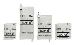 CAP-XX is the first manufacturer to provide 3V supercapacitors in thin, prismatic form factors, 0.9mm to 1.9mm thick: Z, 20mm x 15mm; A, 20mm x 18mm; W, 17.5mm x 28.5mm; S, 17.5mm x 39.5mm.