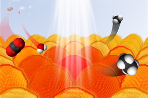 Under the right conditions, gold nanoparticles absorb light and transfer electrons to other reactants. This process can be used to convert CO2 and water into hydrocarbons. In the graphic, carbon atoms are black, oxygen atoms are red and hydrogen atoms are white.

Graphic by Sungju Yu / Jain Lab / University of Illinois