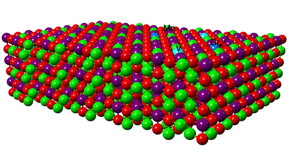 A schematic illustration of the battery's cathode structure in which lithium is red, oxygen is green, manganese is purple, chromium is dark blue and vanadium is light blue.