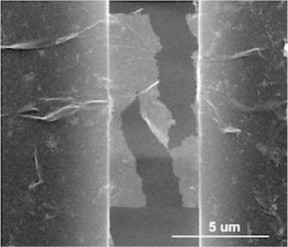 An image depicts a sample of rebar graphene after testing under an electron microscope by materials scientists at Rice University. It shows how cracks propagate in a zigzag way, rather than straight, as would be seen in plain graphene. The rebar graphene is attached by molecular forces on both sides to a platform that slowly pulls the material apart. (Credit: Emily Hacopian/Rice University)