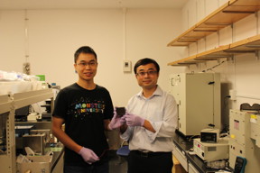 Dr. Zonghao Liu (left) and Professor Yabing Qi (right) with the 5 cm  5 cm perovskite solar module that they developed in their lab at OIST.

CREDIT
OIST

