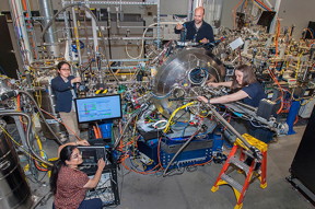 Professor Roopali Kukreja from the University of California in Davis and the CSX team Wen Hu, Claudio Mazzoli, and Andi Barbour prepare the beamline for the next set of experiments.

