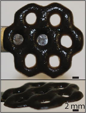 Brown University researchers have created a hybrid material out of seaweed-derived alginate and the nanomaterial graphene oxide. The 3-D printing technique used to make the material enables the creation of intricate structures, including the one above, which mimics that atomic lattice a graphene.

CREDIT
Wong Lab / Brow University


