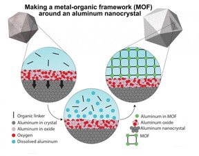 A graphic illustrating the synthesis method that begins with oxide-covered aluminum nanocrystals (top left) and ends with the nanocrystal encased in metal-organic framework (MOF). The MOF self-assembles around the particle when the oxide partially dissolves, releasing aluminum ions that bind with organic linkers to form a 3D framework. (Image courtesy of LANP/Rice University)

CREDIT
Image courtesy of LANP/Rice University