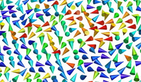 The cones represents the magnetization of the nanoparticles. In the absence of electric field (strain-free state) the size and separation between particles leads to a random orientation of their magnetization, known as superparamagnetism

CREDIT
HZB