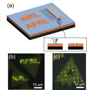 (a) Illustration showing an AFM tip indenting the TMD/polymer structure to introduce local strain. (b) Patterned single photon emission in WSe2 induced by AFM indentation of the letters 'NRL' and 'AFRL'. (c) AFM indents produce single photon emitter 'ornaments' on a monolayer WSe2 'Christmas tree.'

CREDIT
US Naval Research Laboratory