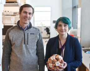Neil P. King, left, assistant professor of biochemistry at the University of Washington School of Medicine, and UW Medicine Institute for Protein Design researcher Brooke Fiala, right, are developing and testing computer-designed nanoparticle vaccines against respiratory syncytial virus and other diseases, Fiala is holding a 3D printout of a computer-designed protein.

CREDIT
Ian Haydon, Institute for Protein Design