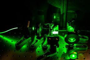 The experimental setup used by the researchers to test their magnetic sensor system, using green laser light for confocal microscopy.

Photos courtesy of RLE