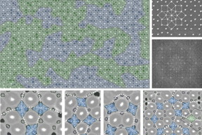 Scanning electron microscope images of the crystal structure of the block copolymer material, illustrating their unusual quasicrystal symmetries. Regions with different symmetry properties are highlighted in different colors, and examples of the different patterns, which resemble some ancient tiling patterns, are shown in the accompanying diagrams.

Illustration courtesy of the researchers.