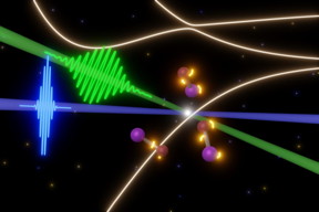 UC Berkeley scientists are probing the fleeting steps in rapid photochemical reactions with some of the shortest laser pulses possible today. In this case, a femtosecond pulse of visible light (green) triggers the breakup of iodine monobromide molecules (center), while attosecond XUV laser pulses (blue) take snapshots of the molecules. This allows them to make a movie of the evolution of electronic states (yellow lights around molecules) before the molecules blow apart.

CREDIT
Yuki Kobayashi, UC Berkeley

