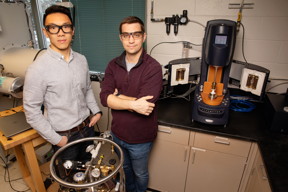 Materials science and engineering professor Christopher Evans, right, and graduate student Brian Jing have developed a solid battery electrolyte that is both self-healing and recyclable.

Photo by L. Brian Stauffer