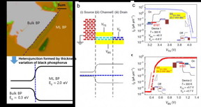 A: Optical image and band diagram of the heterojunction formed by the thickness variation of black phosphorus 2D material. B: Schematic of the tunnel field-effect transistor and the thickness-dependent bandgap. C: Characteristic transfer curve showing steep subthreshold swing and high on-current.

CREDIT
Professor Sungjae Cho, KAIST