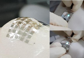 Photographs of the patterned rigid part of the substrate on the finger joint indicating 2D dimensional stretchability and images of stretchable OLEDs on a finger joint emitting green light.

CREDIT
Professor Kyung Cheol Choi, KAIST